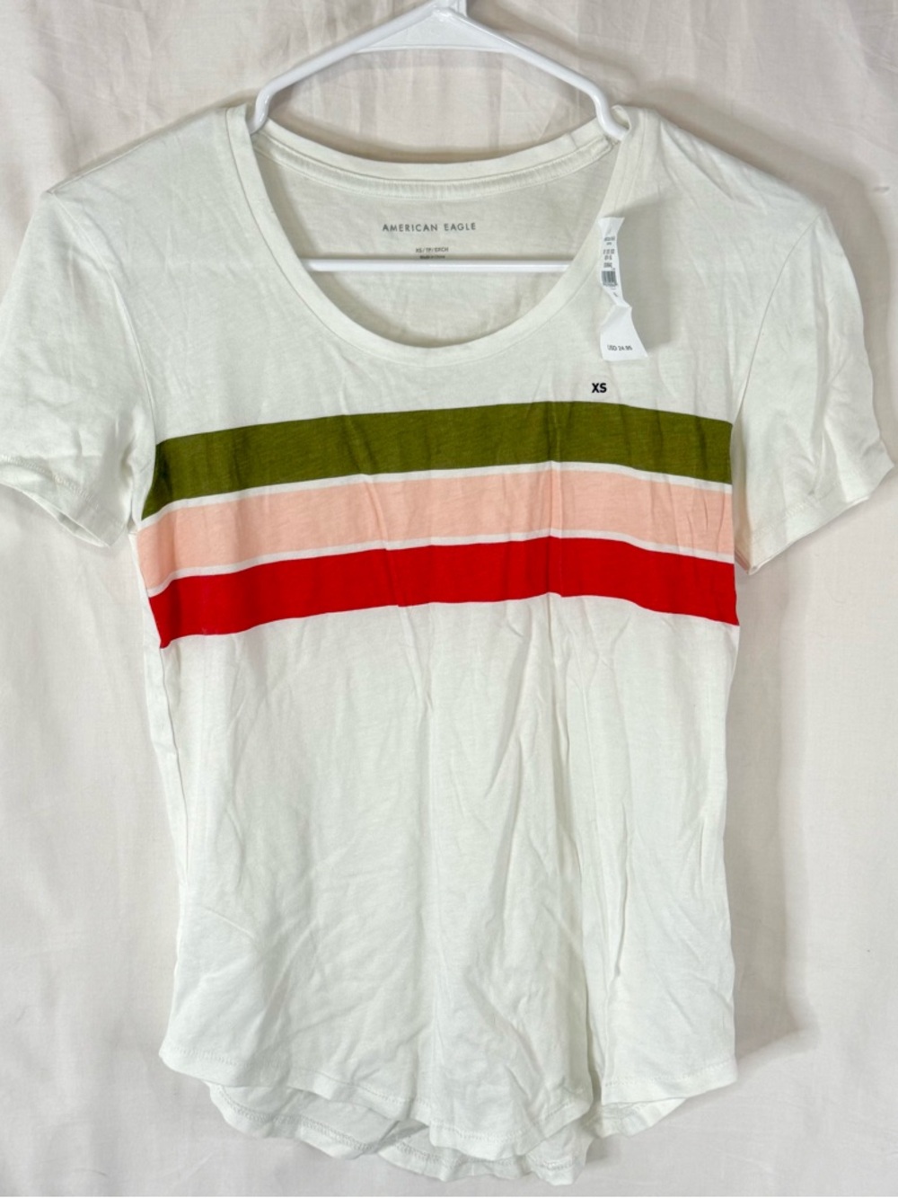 NWT American Eagle Outfitters White Tee with Olive, Blush, and Red Stripes — XS